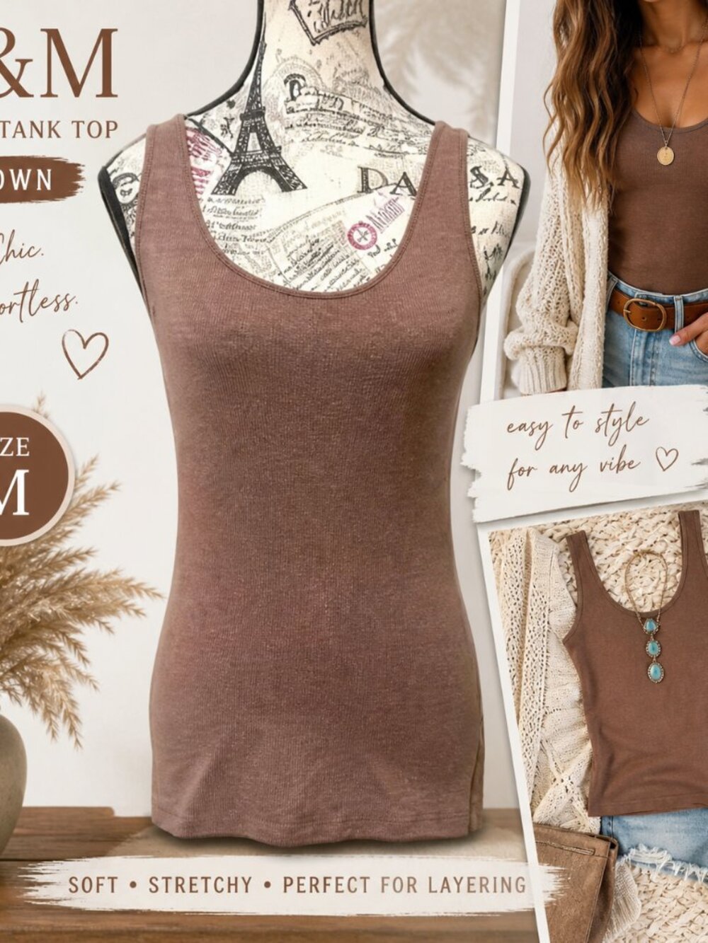 H&M Brown Ribbed Tank Top Size M Boho Layering Basic